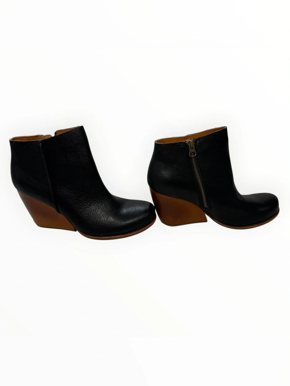 Kork-Ease Black Leather Ankle Booties with Brown Wedge